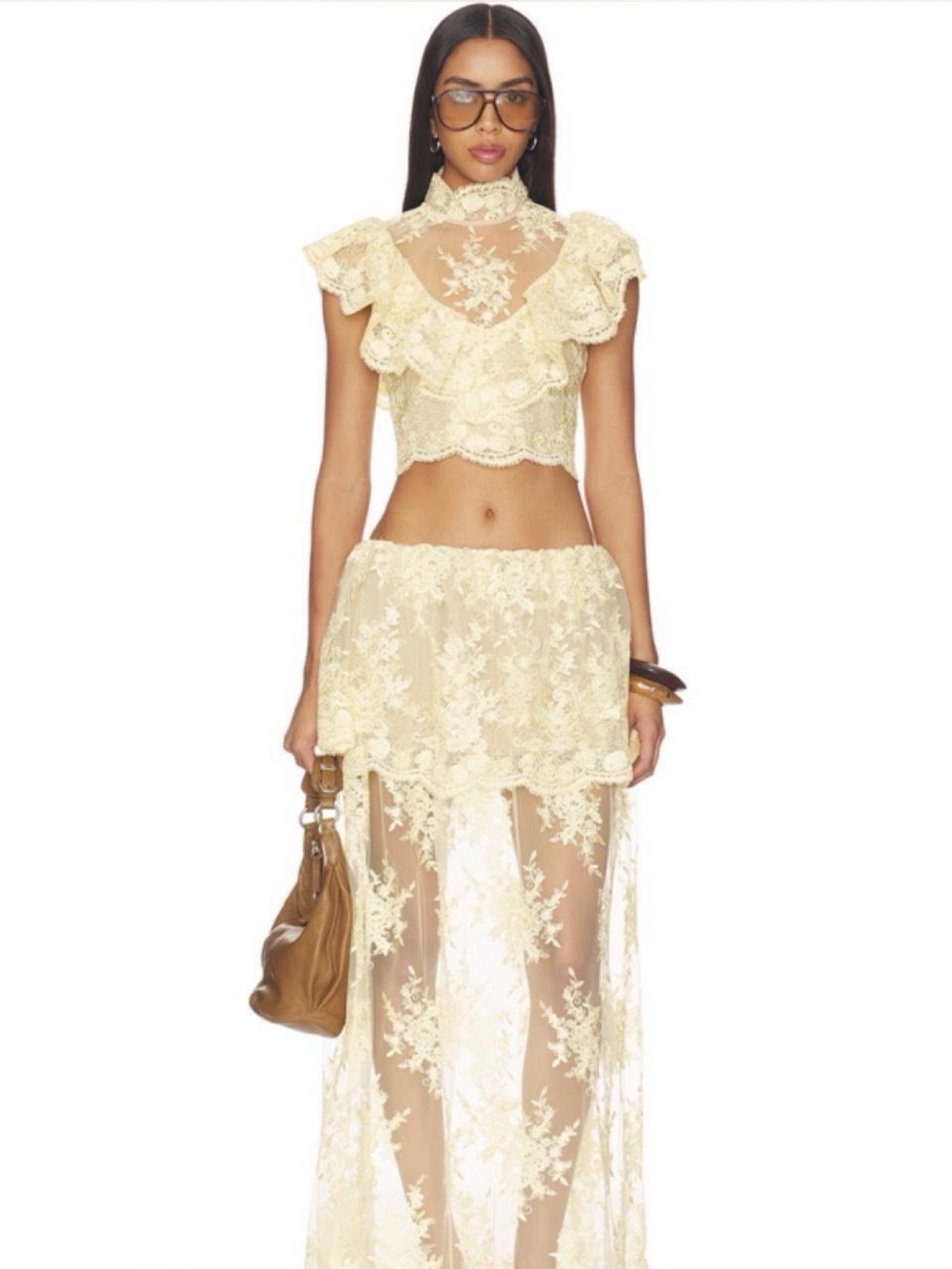 Celia Sheer Lace Maxi Skirt Set in Cream